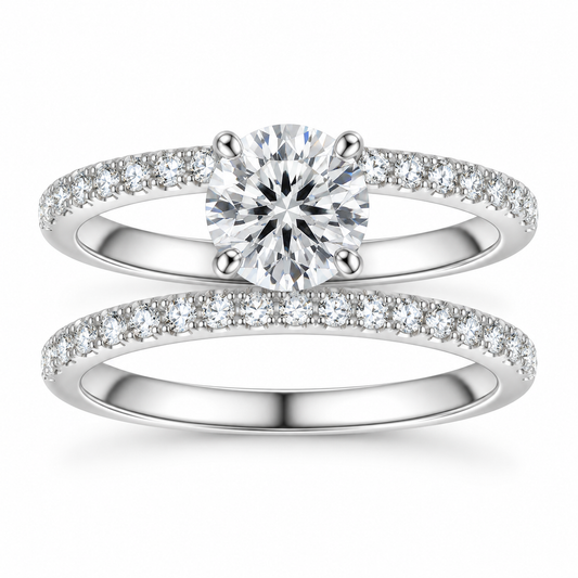 The Moissanite Ring Duo: moissanite bridal ring set with matching band, white gold plated, product photo