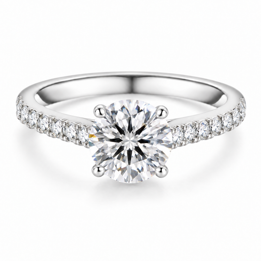 The Round Moissanite Ring: round moissanite engagement ring, white gold plated, product photo